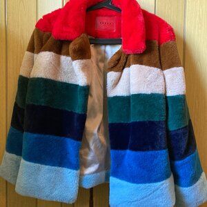 BlankNYC Rainbow Pop Striped Faux Fur Fuzzy Jacket in XS